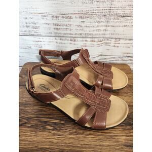 Clarks Laurieann Kay Women's T-strap brown leather sandals size 8W EUC